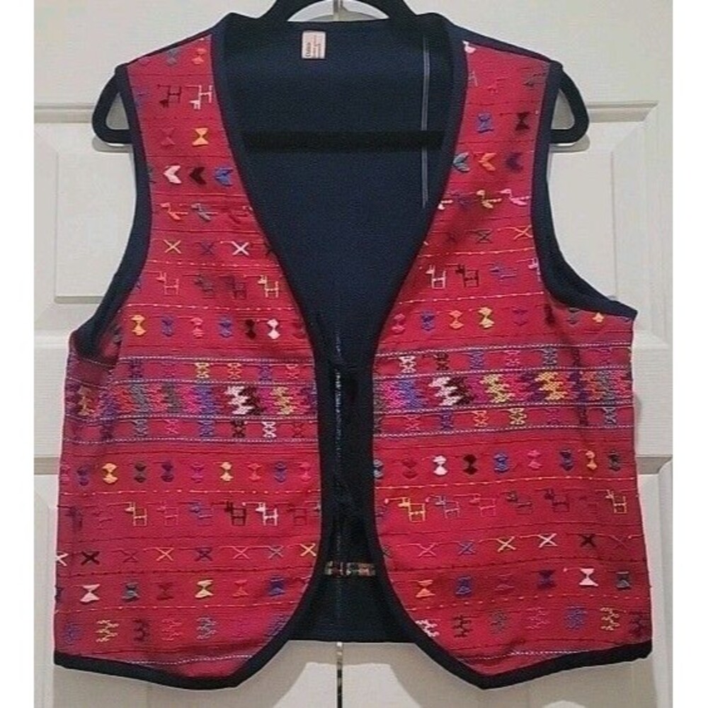 Vtg Tipico Los Chalecos Guatemalan Handwoven Huipil Vest Red Mayan Folk Art OS